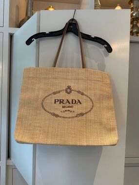 Prada Beige Straw Tote with Brown Logo and Handles